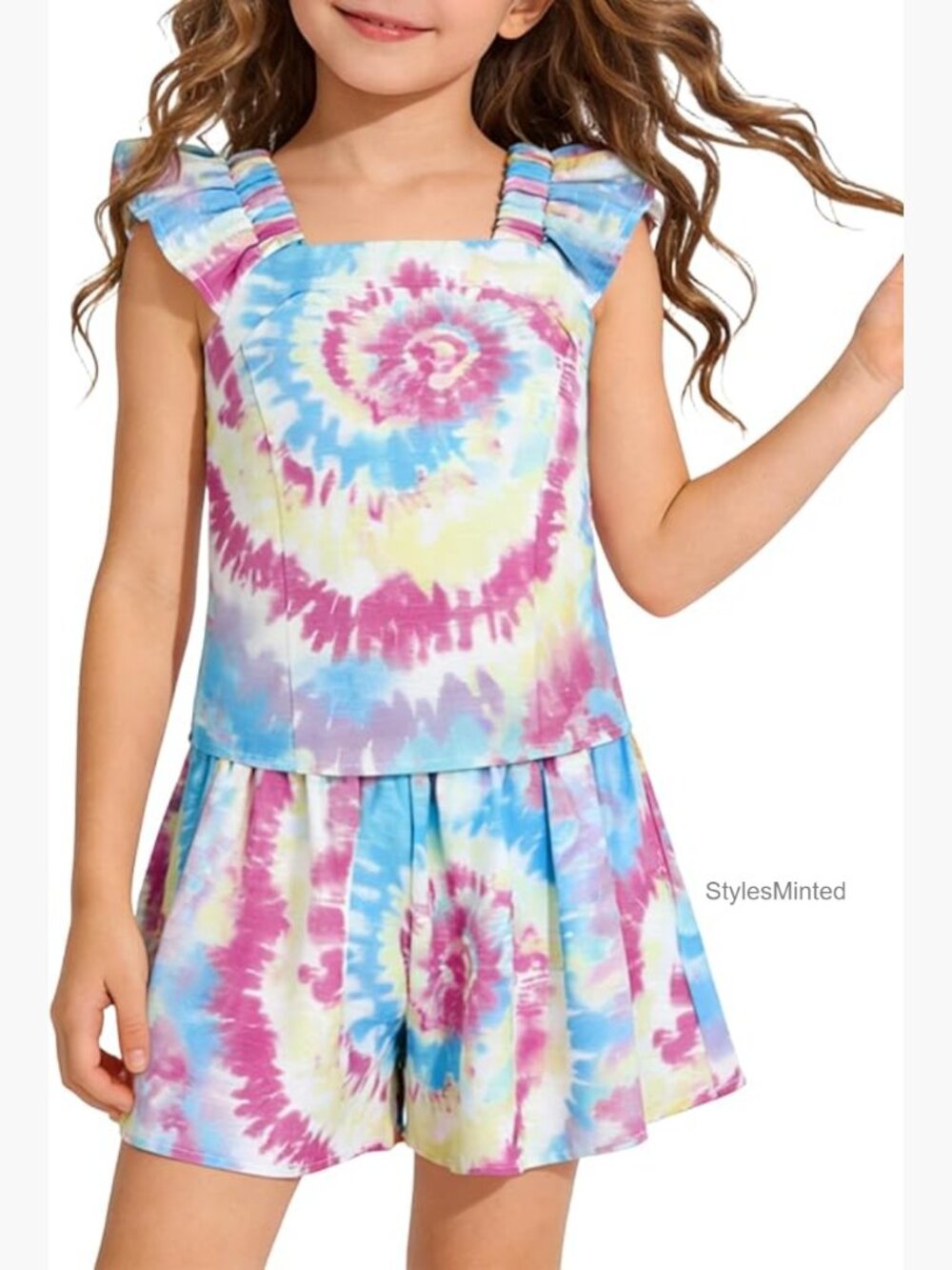 Girls Summer 2 Piece Outfit Ruffle Sleeveless Top & Shorts Set
